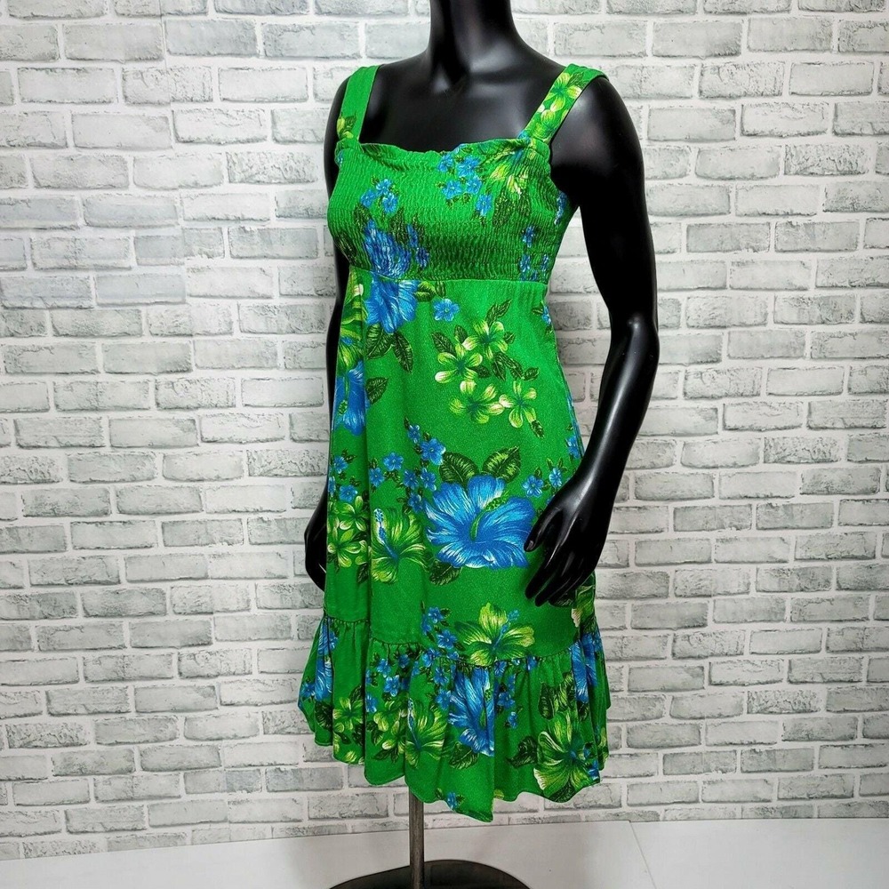 Vintage Hibiscus Floral Smocked Bodice Ruffle Hem Sundress Midi Tank Dress - Picture 2 of 6